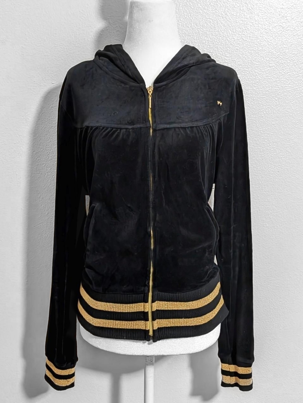 2000s Nicki Minaj Y2K Black & Gold Velour Zip-Up Hoodie | Size XL